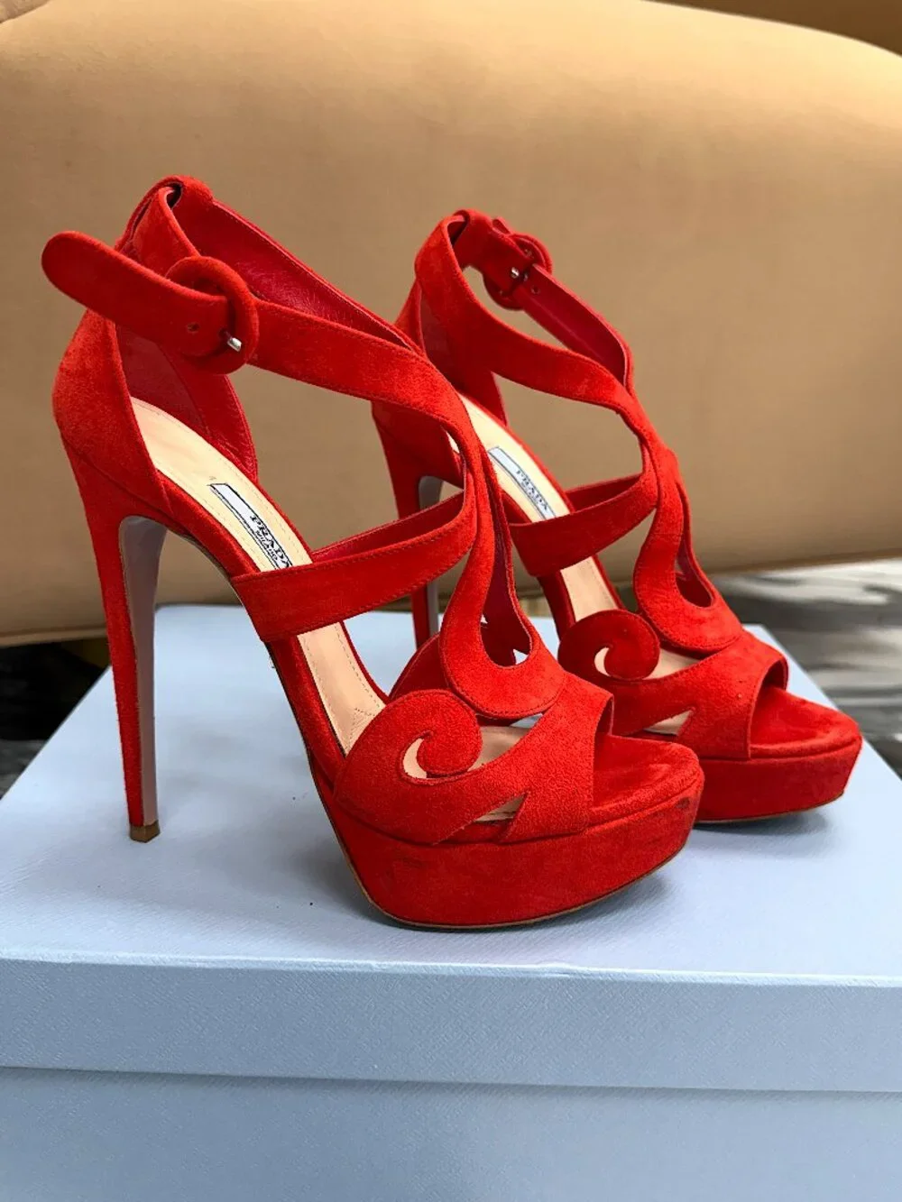 Prada Red Suede Platform Heels Strappy Sandals Stiletto Ankle Strap Size 37 - Picture 9 of 14
